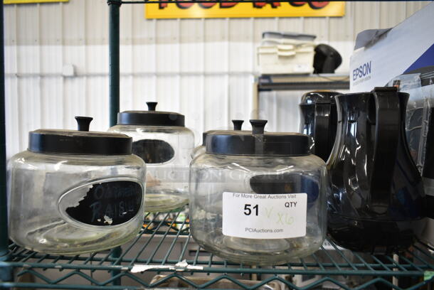 6 Various Items Including 4 Glass Jars and 2 Poly Black Coffee Pitchers. 6 Times Your Bid!  - Image 1 of 3