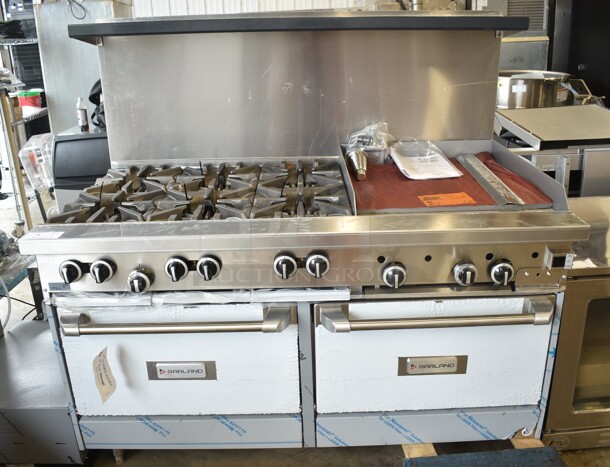 BRAND NEW SCRATCH AND DENT! 2022 Garland G60-6G24CC Stainless Steel Commercial Propane Gas 6 Burner 60" Range with 24" Griddle, Over Shelf, Back Splash and 2 Convection Ovens. 310,000 BTU.  - Image 2 of 12