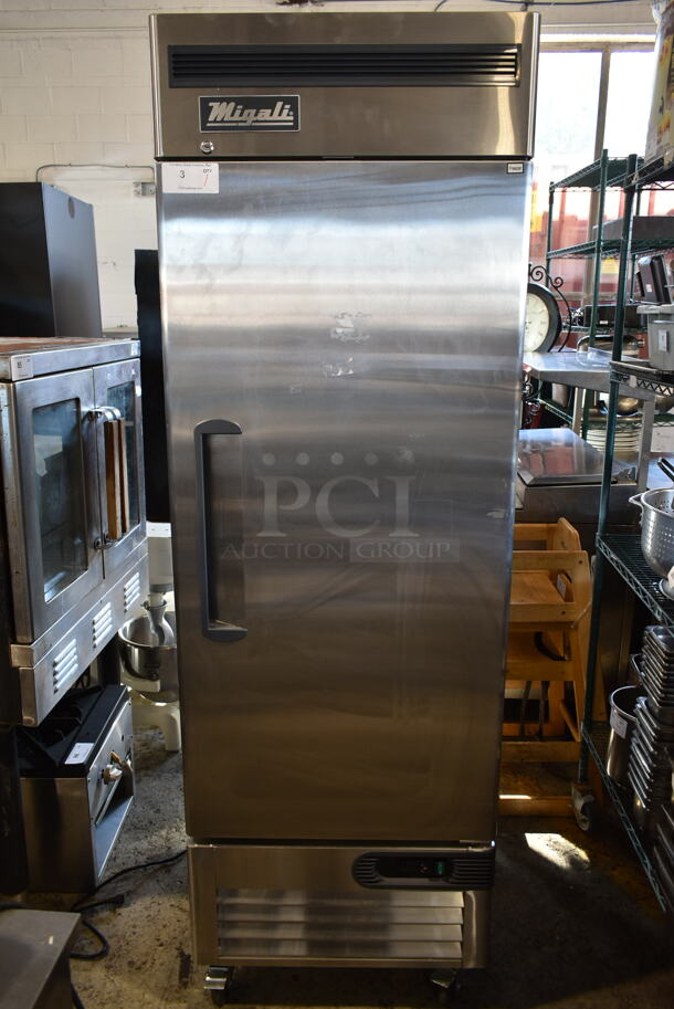 BRAND NEW SCRATCH AND DENT! 2021 Migali C-1FB-HC Stainless Steel Commercial Single Door Reach In Freezer w/ Poly Coated Racks on Commercial Casters. 115 Volts, 1 Phase. Tested and Working! - Image 2 of 10