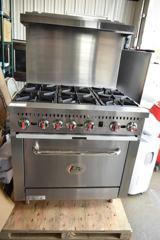 BRAND NEW SCRATCH AND DENT! Cooking Performance Group CPG 351CO36N Stainless Steel Commercial Combi Gas; Natural or Propane Gas Powered 6 Burner Range w/ Convection Oven, Over Shelf and Back Splash. 212,000 BTU.  - Image 2 of 7
