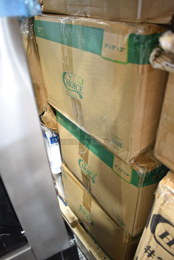 PALLET LOT of 40 BRAND NEW Boxes Including 795PTOKFT3 Choice Kraft Microwavable Folded Paper #3 Take-Out Container 7 3/4" x 5 1/2" x 2 1/2" - 200/Case, 128HD8COMBO ChoiceHD 8 oz. Microwavable Translucent Plastic Deli Container and Lid Combo Pack - 240/Case, 50010WRAPPLA Lavex 10 oz. Kraft Compostable Individually Wrapped Paper Hot Cup - 480/Case, 3 Box 395TO993 EcoChoice 9" x 9" x 3" Compostable Sugarcane / Bagasse 3 Compartment Takeout Container - 200/Case, 5002DNAPBLK Choice 15" x 17" Black Customizable 2-Ply Paper Dinner Napkin - 1000/Case, American Metalcraft CERAM18 18" White Ceramic Pizza Serving Tray, CAC RCN-S16Q Bright White Clinton Square in Square Plate 10 1/2" - 12/Case, 11 Box 130D66UF Choice 6 1/2" x 6 1/4" Unprinted Plastic Deli Saddle Bag with Flip Top - 2000/Case, 5005DNAPFLT Choice Touchstone 16" x 15" White Linen-Feel Flat-Packed Dinner Napkin - 500/Case, 500CC16 Choice Clear PET Customizable Plastic Cold Cup - 16 oz. - 1000/Case, 280SHOOTCLR Choice 5 5/8" Crystal Clear Plastic Test Tube Shot / Shooter - 1000/Case, 500TW35 Choice 3.5 oz. Translucent Thin Wall Plastic Cold Cup - 2500/Case, 2 Box 105GC70002 Choice 2 Part Green and White Carbonless Guest Check Book - 50/Case, Dart 205HT1 White Foam Take Out Container with Perforated Hinged Lid 9" x 6" x 3" - 200/Case, 2 Box 5001RTSELNAT Lavex Select 1-Ply Natural Kraft Paper Towel Roll, 665 Feet / Roll - 6/Case, 2 Box 500TW16S Choice 16 oz. Translucent Thin Wall Squat Plastic Cold Cup - 1000/Case, 5014046XXH Lavex Pro 45 Gallon 3 Mil 40" x 46" Low Density Heavy-Duty Industrial Contractor Black Trash Bag / Can Liner - 50/Case, 29500 Sabert 29500 4 Cup Drink Carrier - 200/Case. 40 Times Your Bid!  - Image 6 of 12