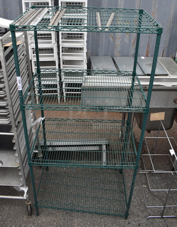 Green Finish 4 Tier Wire Shelving Unit. BUYER MUST DISMANTLE. PCI CANNOT DISMANTLE FOR SHIPPING. PLEASE CONSIDER FREIGHT CHARGES. 