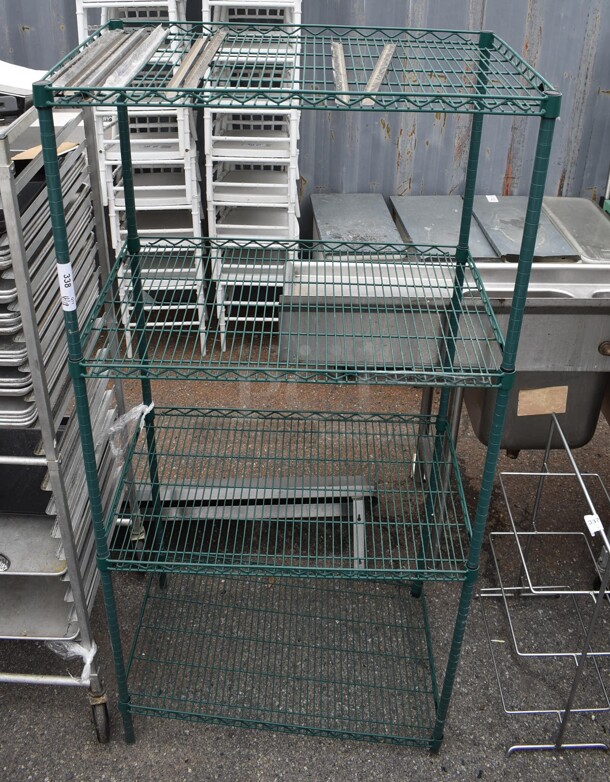 Green Finish 4 Tier Wire Shelving Unit. BUYER MUST DISMANTLE. PCI CANNOT DISMANTLE FOR SHIPPING. PLEASE CONSIDER FREIGHT CHARGES.  - Image 1 of 1