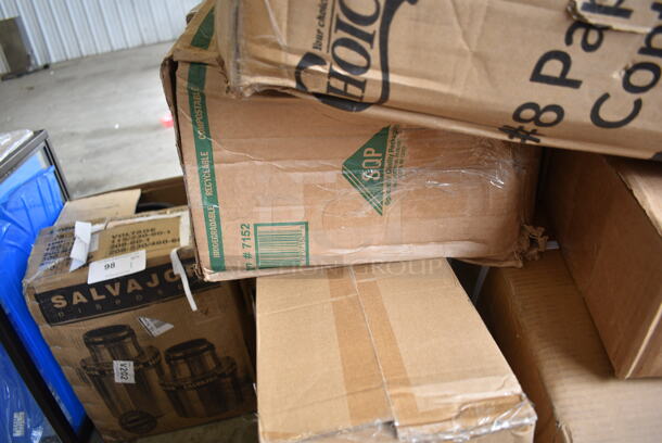 PALLET LOT of 26 BRAND NEW Boxes Including 347RPBD10WHS Visions 10" White Plastic Plate with Silver Bands - 120/Case, 5014046XXH Lavex Pro 45 Gallon 3 Mil 40" x 46" Low Density Heavy-Duty Industrial Contractor Black Trash Bag / Can Liner - 50/Case, 612605070 Choice Full Size Foil Steam Table Pan Deep 3 3/8" Depth - Full Size Deep - 50/Case, 500CC16 Choice Clear PET Customizable Plastic Cold Cup - 16 oz. - 1000/Case, 2 Box 129MCS28B Choice 28 oz. Black Rectangular Microwavable Heavy Weight Container with Lid 8 3/4" x 6 1/4" x 1 3/4" - 150/Case, 500L1020B Choice Black Hot Paper Cup Travel Lid for 10-24 oz. Standard Cups and 8 oz. Squat Cups - 1000/Case, 9CPWCR Dart 9" 3 Compartment White Non-Laminated Round Foam Plate - 500/Case, 5014347HVY Hercules Trash Bags, 999P400C Choice 4 oz. Clear Plastic Souffle Cup / Portion Cup - 100/Pack, 600WS1236 Regency 18 Gauge Stainless Steel 12" x 36" Solid Wall Shelf, 795PTOKFT8 Choice Kraft Microwavable Folded Paper #8 Take-Out Container 6" x 4 3/4" x 2 1/2" - 300/Case, 966TALLFLDB Choice White Tall-Fold 6" x 13" Dispenser Napkin - 8000/Case. 26 Times Your Bid!  - Image 11 of 12