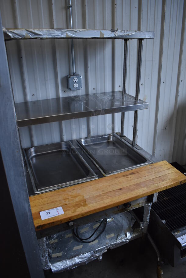 Stainless Steel Commercial 2 Well Steam Table w/ Butcher Block Cutting Board, 2 Tier Over Shelves and Under Shelf. 115 Volts, 1 Phase. 34x30.5x64. Tested and Does Not Power On - Image 2 of 6