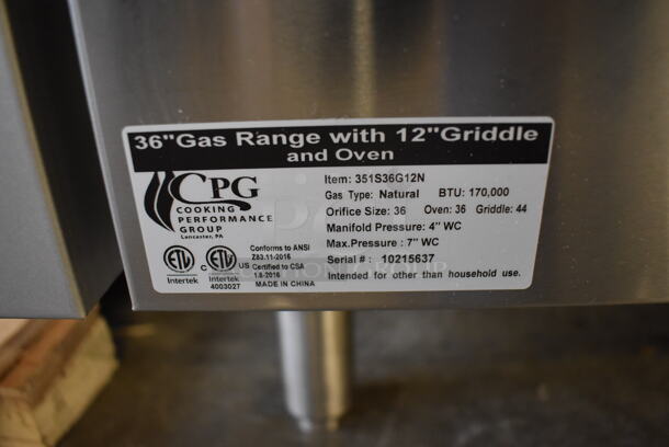 BRAND NEW SCRATCH AND DENT! CPG 351S36G12N Stainless Steel Commercial Natural Gas Powered 4 Burner Range with Right Side Griddle, Standard Oven, Over Shelf and Back Splash. 170,000 BTU. 36x33x61. Tested and Working! - Image 8 of 8