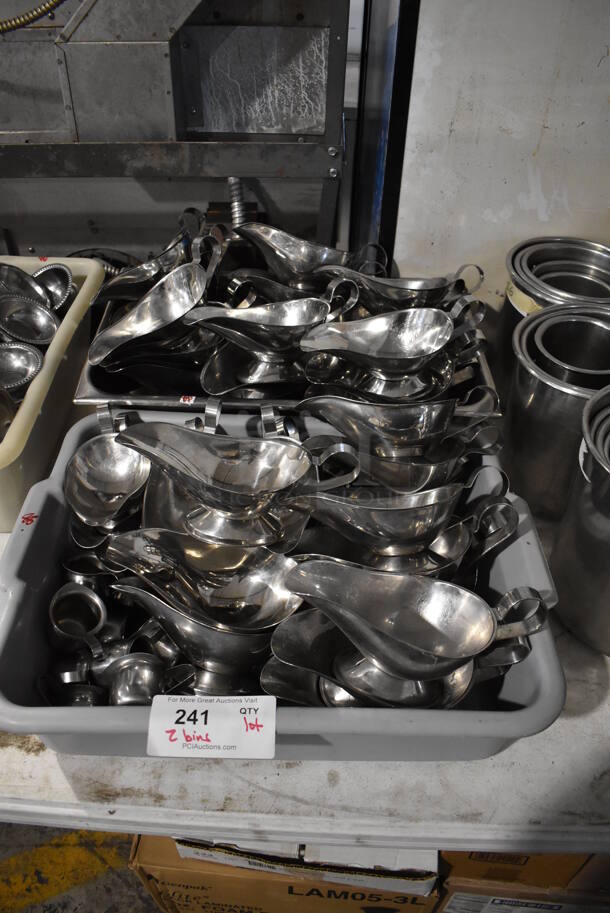 ALL ONE MONEY! Lot of 2 Gray Poly Bus Bins w/ Metal Gravy Boats. Includes 9.5x5x4, 3.5x2x2.5 - Image 1 of 4