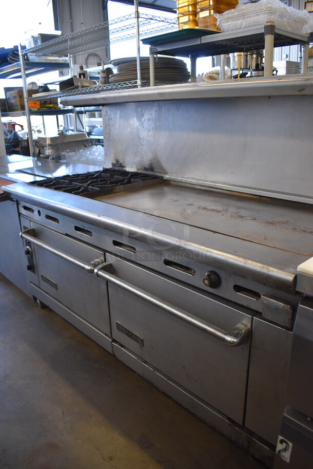 American Range Stainless Steel Commercial Natural Gas Powered 4 Burner Range w/ Flat Top, Oven, Convection Oven, Over Shelf and Back Splash on Commercial Casters. 72x33x57 - Image 3 of 11