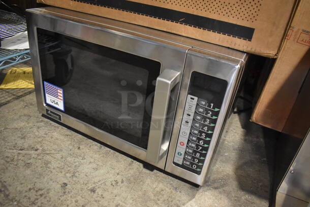 LIKE NEW! 2022 Amana RCS10TS Stainless Steel Commercial Countertop Stackable Microwave with Push Button Controls. Used a Few Times at Trade Show as a Demonstration. 120 Volts, 1 Phase. 22x16x14. Tested and Working! - Image 2 of 7