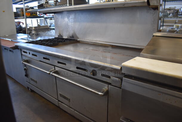 American Range Stainless Steel Commercial Natural Gas Powered 4 Burner Range w/ Flat Top, Oven, Convection Oven, Over Shelf and Back Splash on Commercial Casters. 72x33x57 - Image 4 of 11
