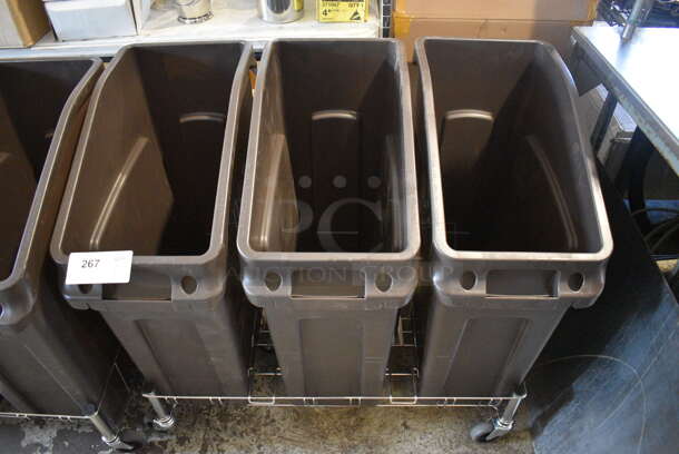 BRAND NEW! Metal Wire Cart on Commercial Casters w/ 3 Brown Ingredient Bins / Slim Jim Trash Cans. 35x22x30