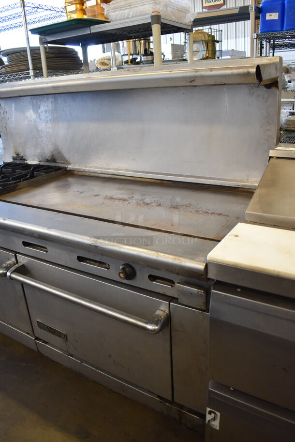 American Range Stainless Steel Commercial Natural Gas Powered 4 Burner Range w/ Flat Top, Oven, Convection Oven, Over Shelf and Back Splash on Commercial Casters. 72x33x57 - Image 5 of 11