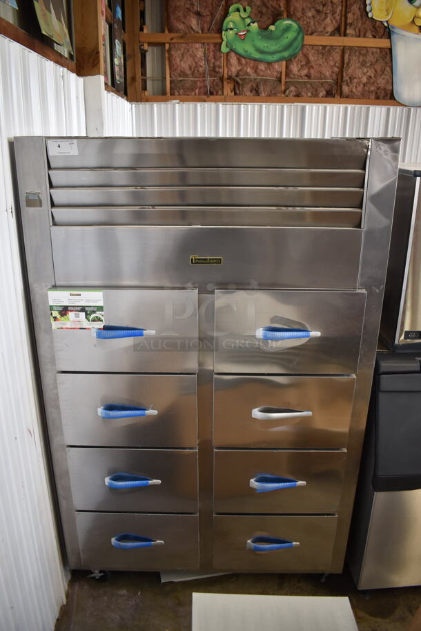 BRAND NEW! 2022 Traulsen RFS226N Commercial Stainless Steel Electric Two-Sectioned Drawered Fish/Poultry File Cooler With Plastic Pans And Perforated Inserts On Commercial Casters. 115V, 1 Phase. Tested And Working!  - Image 1 of 10