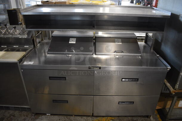 Delfield Model UCD4464N-12-DD5 Stainless Steel Commercial Sandwich Salad Prep Table Bain Marie Mega Top w/ Over Shelf on Commercial Casters. Comes w/ Damaged, Detached Kickplate. 115 Volts, 1 Phase. 65x32x50. Cannot Test - Unit Trips Breaker