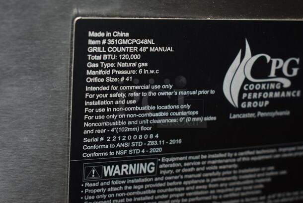 BRAND NEW SCRATCH AND DENT! 2022 Cooking Performance Group 351GMCPG48NL Stainless Steel Commercial Countertop Natural Gas Powered Flat Top Griddle. 120,000 BTU.  - Image 6 of 7