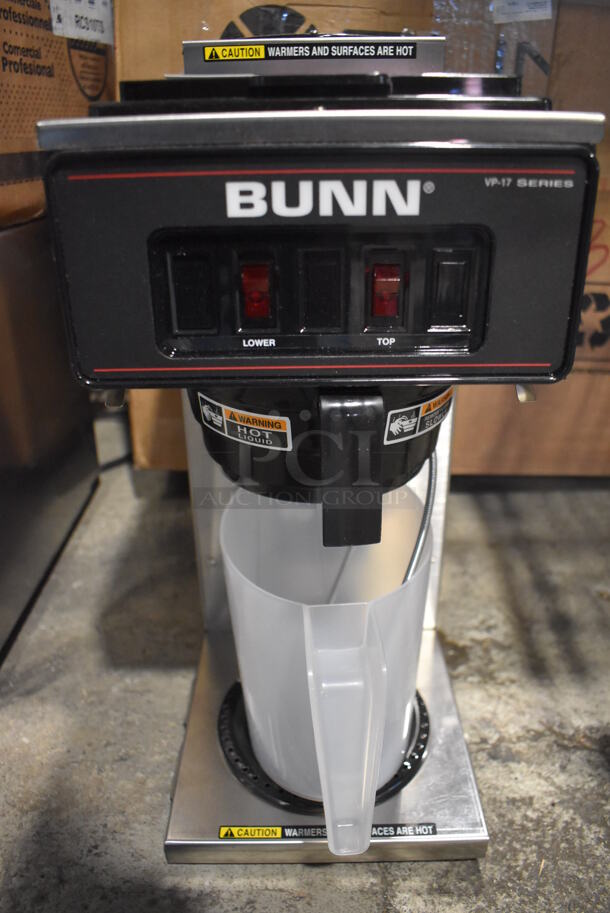 BRAND NEW IN BOX! 2022 Bunn VP17-2 Stainless Steel Commercial Countertop Low Profile Pourover 2 Burner Coffee Brewer w/ Poly Brew Basket and Poly Pitcher. 120 Volts, 1 Phase. 8x18x20. Tested and Working! - Image 4 of 7