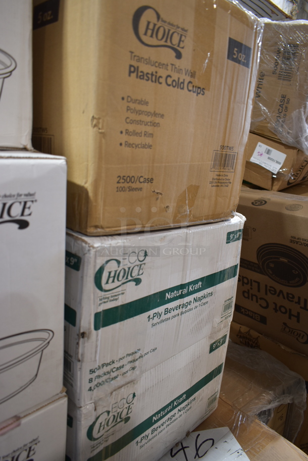 PALLET LOT of 22 BRAND NEW Boxes Including 2 Box 433NACHOS Carnival King Small Clear 2 Compartment Plastic Nacho Tray - 500/Case, 2 Box 176CMT7RHBL Choice 10 1/2" x 15 1/2" Right Handed Heavy-Duty Melamine NSF Blue 7 Compartment Tray - 12/Pack, 3 Box 128HD8COMBO ChoiceHD 8 oz. Microwavable Translucent Plastic Deli Container and Lid Combo Pack - 240/Case, 760SOUP6WB Choice 6 oz. White Double Poly-Coated Paper Food Cup - 1000/Case, 2 Box 500TO963 Choice 9" x 6" x 3" Microwaveable 2-Compartment Black / Clear Plastic Hinged Container - 100/Case, 3 Box 127P150C Choice 1.5 oz. Clear Plastic Souffle Cup / Portion Cup - 2500/Case, 500TW5 Choice 5 oz. Translucent Thin Wall Plastic Cold Cup - 2500/Case, 2 Box 5001BNAP EcoChoice 1-Ply Natural Kraft Beverage / Cocktail Napkin - 4000/Case. 22 Times Your Bid! - Image 11 of 12