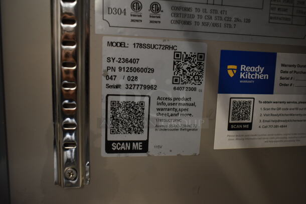 BRAND NEW SCRATCH AND DENT! 2023 Avantco 178SSUC72RHC Stainless Steel Commercial 3 Door Undercounter Cooler on Commercial Casters. 115 Volts, 1 Phase. Tested and Working! - Image 8 of 10