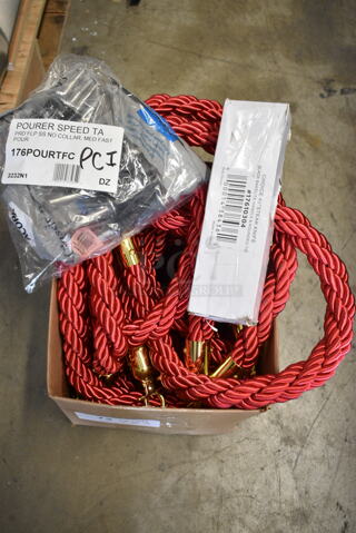 3 BRAND NEW SCRATCH AND DENT! Various Items Including 176POURTFC Acopa Stainless Steel Tapered Liquor Pourer with Flip Cap - 12/Pack, 17610304 Choice 4 3/4" Jumbo Stainless Steel Steak Knife with Black Bakelite Riveted Handle - 12/Case, Red Stanchion Rope. 3 Times Your Bid! 