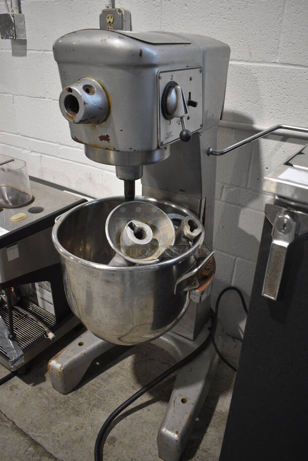 Hobart Model D-300 Metal Commercial Floor Style 30 Quart Planetary Mixer w/ Stainless Steel Mixing Bowl, Whisk and 2 Dough Hook Attachments. 208 Volts, 3 Phase. 21x27x45. Cannot Test Due To Cut Cord