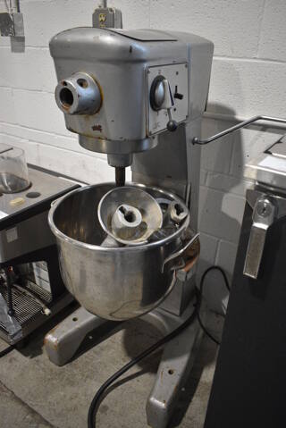 Hobart Model D-300 Metal Commercial Floor Style 30 Quart Planetary Mixer w/ Stainless Steel Mixing Bowl, Whisk and 2 Dough Hook Attachments. 208 Volts, 3 Phase. 21x27x45. Cannot Test Due To Cut Cord