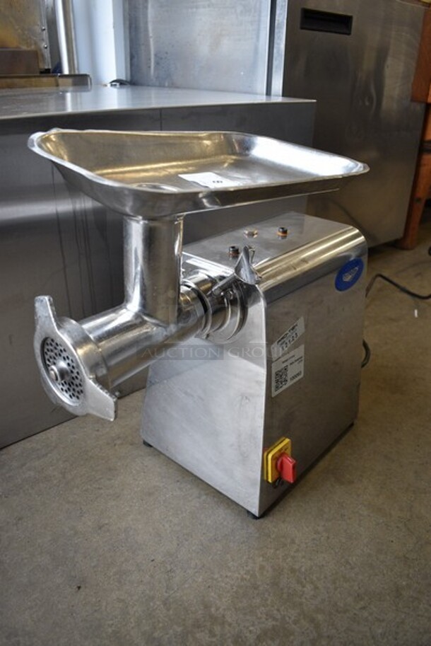 Vollrath Model MIN0022 Stainless Steel Commercial Countertop Electric Powered Meat Grinder w/ Tray. 110 Volts, 1 Phase. 10.5x20x20.5. Tested and Powers On But Parts Do Not Move