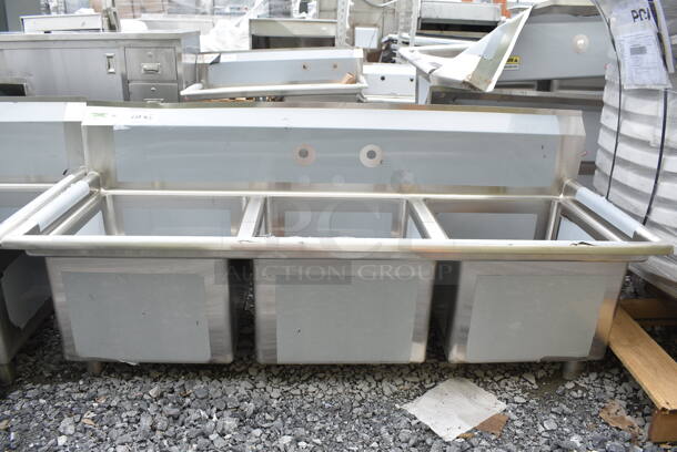 BRAND NEW SCRATCH AND DENT! Regency 600S31717 60" 16 Gauge Stainless Steel Three-Compartment Commercial Sink with Galvanized Steel Legs - 17" x 17" x 12" Bowls - Image 3 of 8
