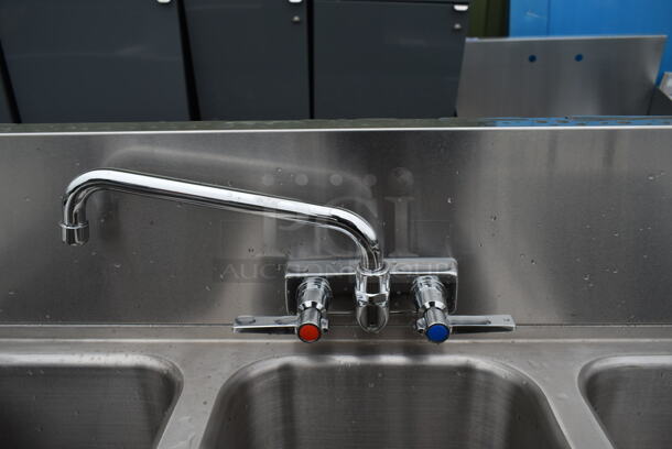 BRAND NEW SCRATCH AND DENT! Advance Tabco PRB-19-53C Stainless Steel 3 Compartment Prestige Series Underbar Sink with (2) 12" Drainboards and Splash Mount Faucet - 20" x 60" - Image 9 of 10