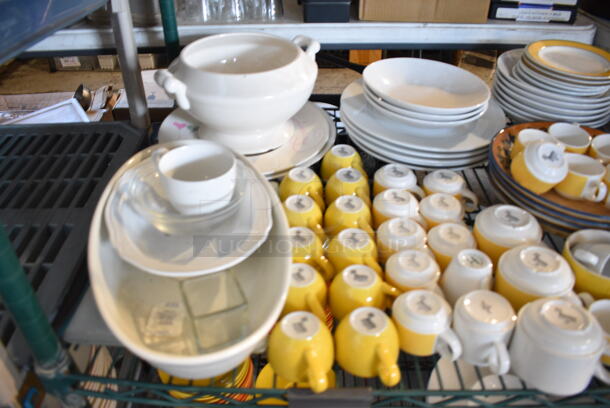 ALL ONE MONEY! Metro Lot of 5 Tiers of Various Items Including Poly Bin, Cutting Boards, Mugs, Plates and Saucers. Does Not Include Metro Shelving Unit - Image 4 of 11