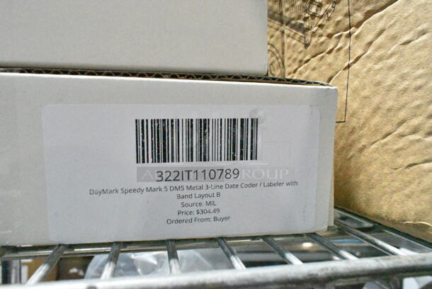 3 BRAND NEW SCRATCH AND DENT! Boxes Including 322IT110758 DayMark Speedy Mark 3 DM3 Metal 1-Line Date Coder / Labeler with Band Layout A, 322IT110760 DayMark Speedy Mark 3 DM3 Metal 1-Line Date Coder / Labeler with Band Layout B, 322IT110789 DayMark Speedy Mark 5 DM5 Metal 3-Line Date Coder / Labeler with Band Layout B. 3 Times Your Bid!  - Image 5 of 5