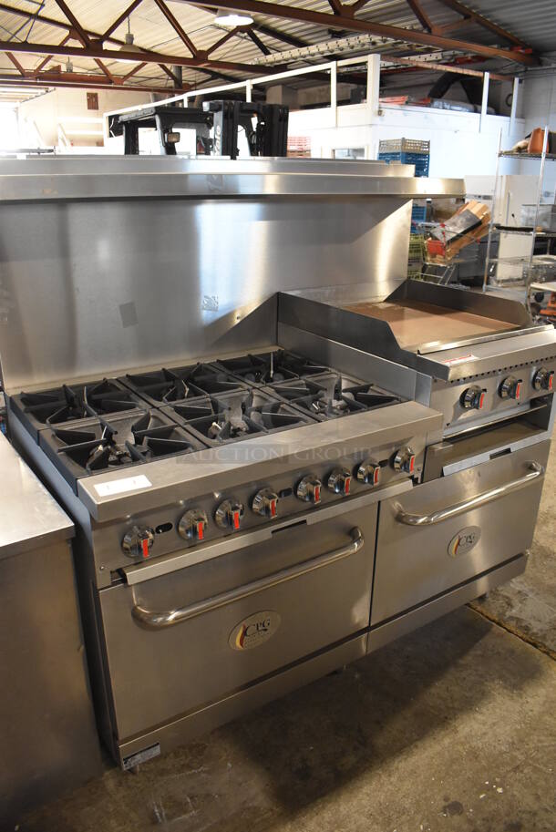 BRAND NEW! CPG S60-GS24-N Stainless Steel Commercial Natural Gas Powered 6 Burner Range w/ Flat Top Griddle, 2 Ovens, Over Shelf and Back Splash. 276,000 BTU. 60x33x60 - Image 1 of 10