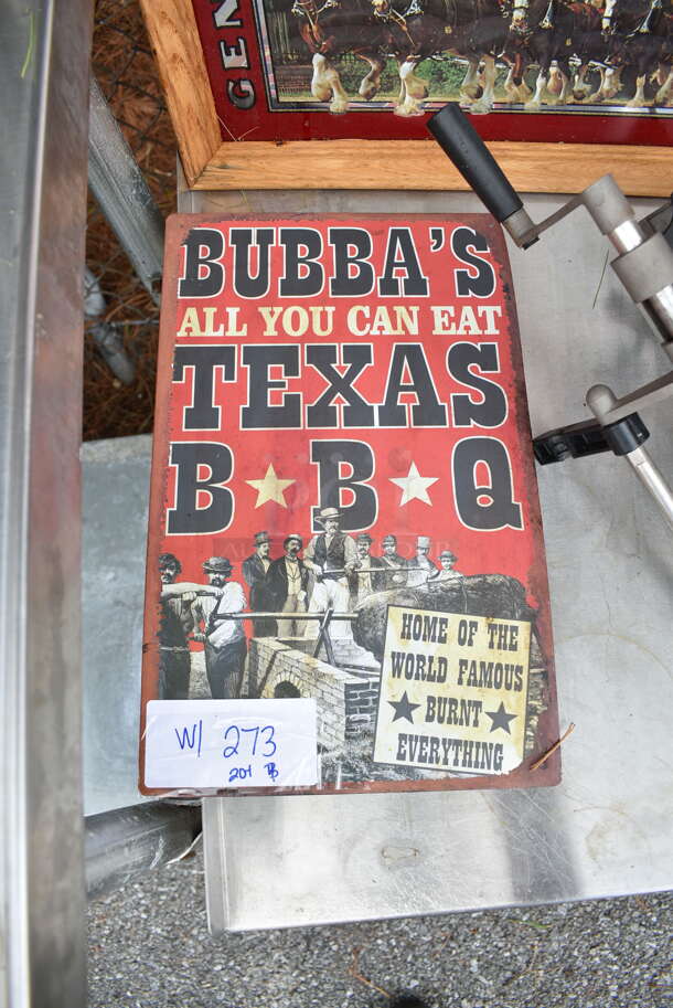 4 Items; Smoked Pork Chops Sign, Budweiser Sign, Bubba's Sign and Metal Tuna Can Press Piece. 4 Times Your Bid! - Image 2 of 8