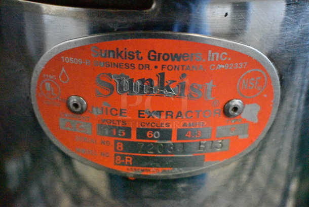 Sunkist 8-R Stainless Steel Commercial Countertop Citrus Juicer. 115 Volts, 1 Phase. Tested and Working! - Image 5 of 7