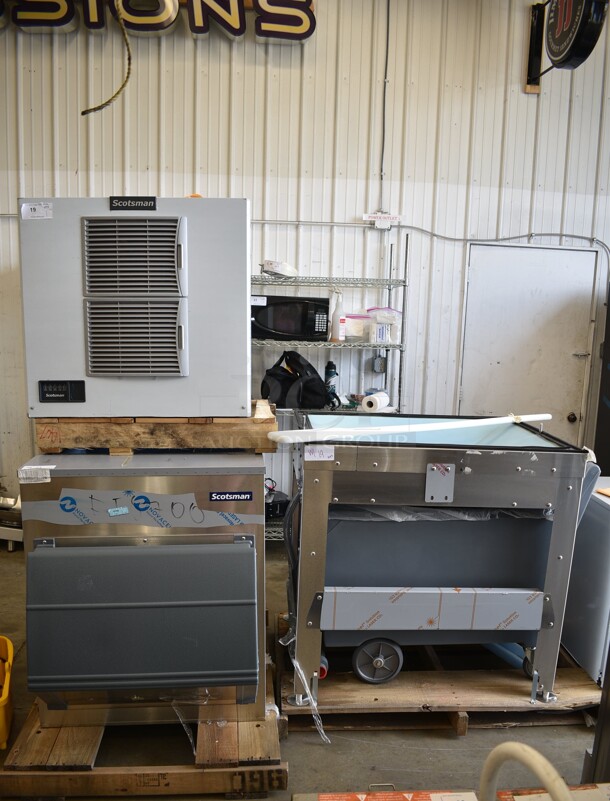 BRAND NEW SCRATCH AND DENT! 2023 Scotsman MC1030MA-32A Stainless Steel Commercial Ice Head on 2023 Scotsman ICS730-A Stainless Steel Bin w/ Scotsman LQ1BASE Stand and Gray Poly Ice Cart. 208/230 Volts, 1 Phase. 31x24x29, 31x48x36, 45x32.5x39 - Image 1 of 12
