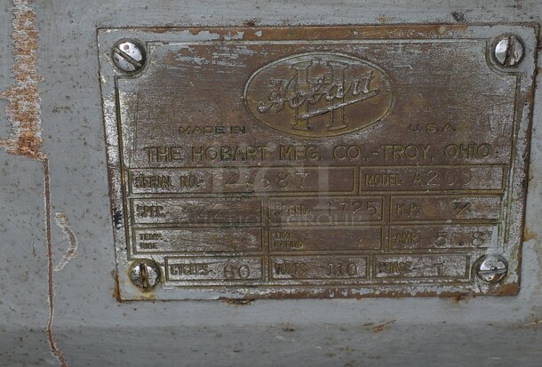 Hobart Model A200 Metal Commercial Countertop 20 Quart Planetary Mixer w/ Stainless Steel Mixing Bowl, Dough Hook and Whisk Attachment. 110 Volts, 1 Phase. 15x20x30. Tested and Powers On But Parts Do Not Move - Image 5 of 6