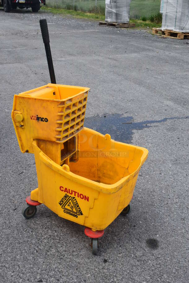 Yellow Poly Mop Bucket w/ Wringing Attachment on Commercial Casters. - Image 2 of 4