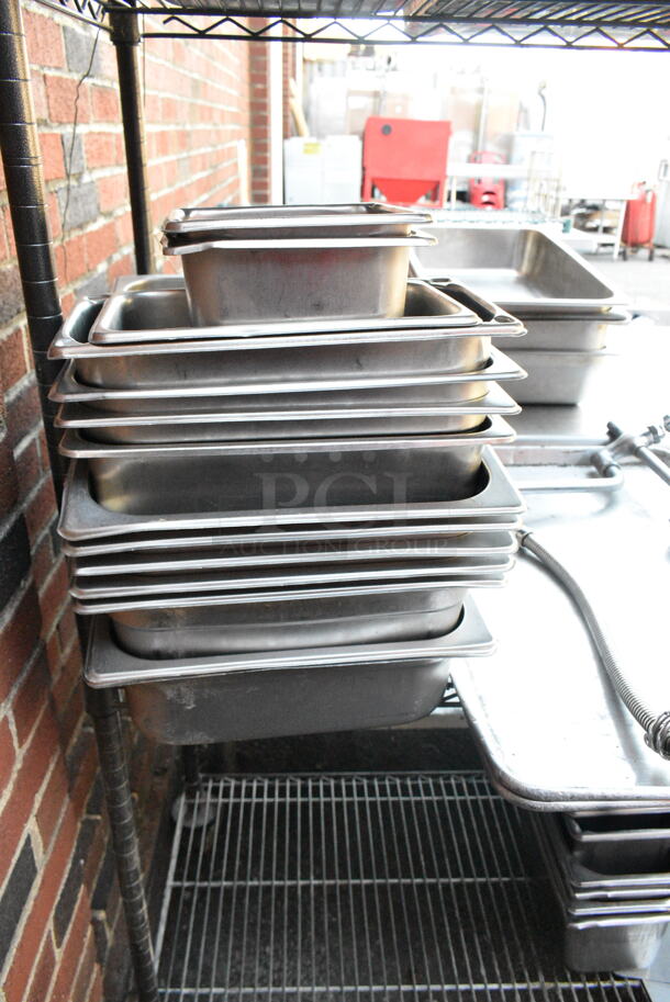 Green Finish 4 Tier Wire Shelving Unit on Commercial Casters w/ Contents including Baskets, Stainless Steel Drop In Bins and Metal Baking Pans. BUYER MUST DISMANTLE. PCI CANNOT DISMANTLE FOR SHIPPING. PLEASE CONSIDER FREIGHT CHARGES. - Image 3 of 8