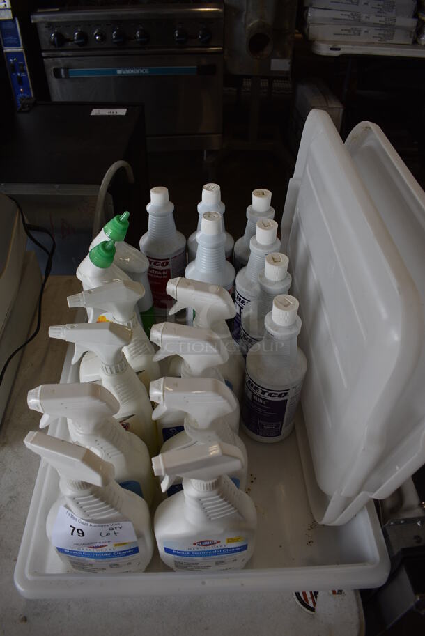 ALL ONE MONEY! Lot of 8 Spray Bottle Cleaners, 9 Cleaner Bottles and 2 Poly Lids in Poly Bin.