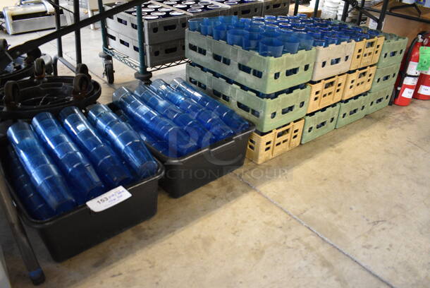 ALL ONE MONEY! Lot of Poly Blue Beverage Tumblers, 2 Bus Bins and 12 Poly Glass Caddies. Includes 3x3x6