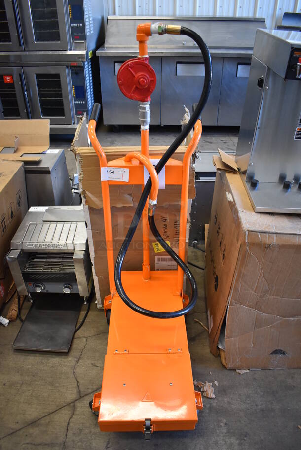 BRAND NEW IN BOX! Fryclone 259DISP50 Orange Metal Commercial Portable Oil Filter Disposal Unit on Commercial Casters. 16x28x53