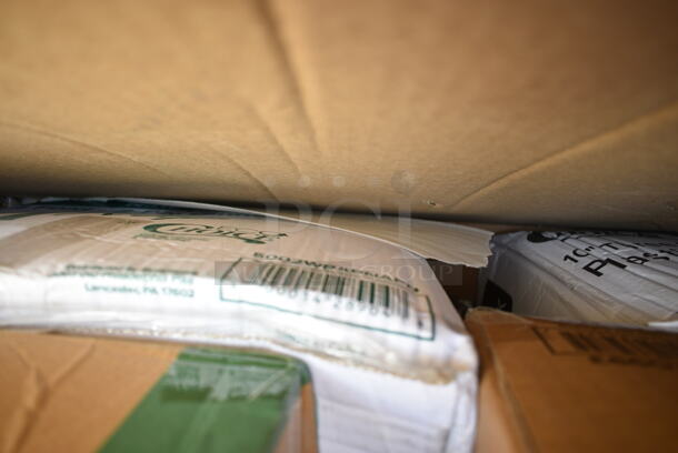 PALLET LOT of 20 BRAND NEW Boxes Including Dart 205HT1 White Foam Take Out Container with Perforated Hinged Lid 9" x 6" x 3" - 200/Case, 5002WRAPNAP Natural Kraft 1/4 Fold Dinner Napkin 16" x 16, 394365L Noble Products Powder-Free Disposable Vinyl Gloves for Foodservice - 1000/Case, 485WJ7TN Choice 7 3/4" Jumbo Clear Wrapped Straw - 12000/Case, 795KFTL50PE Choice 44-50 oz. Round PET Take-Out Lid - 300/Case, Dart 90HTPF1R White Foam Square Take Out Container with Hinged Lid 9" x 9" x 3" - 200/Case, 395TO991 EcoChoice 9" x 9" x 3" Compostable Sugarcane / Bagasse 1 Compartment Take-Out Box - 200/Case, 130WSPOONWP Choice Individually Wrapped Medium Weight White Plastic Teaspoon - 1000/Case. 20 Times Your Bid!  - Image 4 of 12