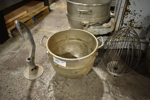 ALL ONE MONEY! Lot of Metal Mixing Bowl, Hobart VMLH60E 60 Quart Dough Hook Attachment and Hobart VHLH60D 60 Quart Whisk Attachment. - Item #1076085