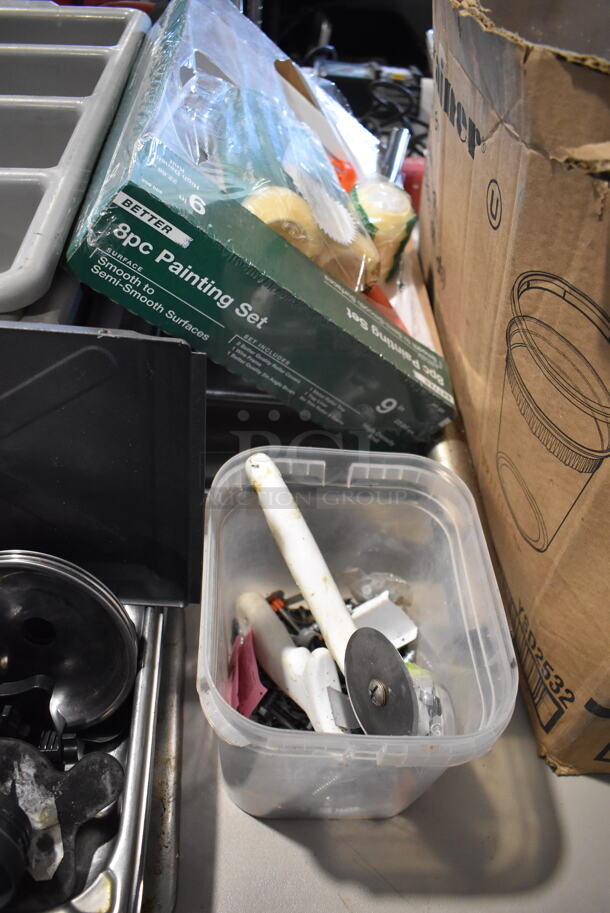 ALL ONE MONEY! Lot of Various Items Under Table Including Poly Silverware Bins, Painting Supplies and Plastic Lids - Image 4 of 12