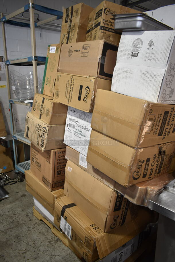 PALLET LOT of 35 BRAND NEW Boxes Including 5005DNAPFLTE Choice Touchstone White Linen-feel Dinner Napkin, 128HD8COMBO Choice Microwavable Translucent Plastic Deli Container and Lid, 2 Box 500L1020B Choice Black Hot Paper Cup Travel Lid, 485COLWNEON Choice Neon Wrapped Straw, 245CB12 Choice Customizable Plain Pizza Box, 500MF993B1C Choice 9" x 9" 1-Compartment Microwaveable Black Mineral-Filled Plastic Hinged Take-Out Container - 150/Case, RK12 Fabri-Kal RK Ribbed Cold Drink Cups, 12oz, Translucent, 50/Sleeve, 20 Sleeves/Carton, 2 Box 760V32 Carnival King 32 oz. Popcorn Cup - 500/Case, 760VP64 Carnival King Popcorn Bucket, Kari-out Company Japanese style Bamboo Chopsticks. 35 Times Your Bid! - Image 1 of 12