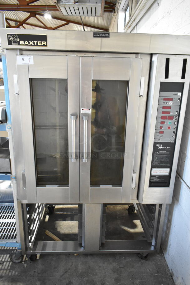 Baxter Stainless Steel Commercial Natural Gas Powered Mini Rotating Rack Oven w/ Lower Double Pan Rack on Commercial Casters. 