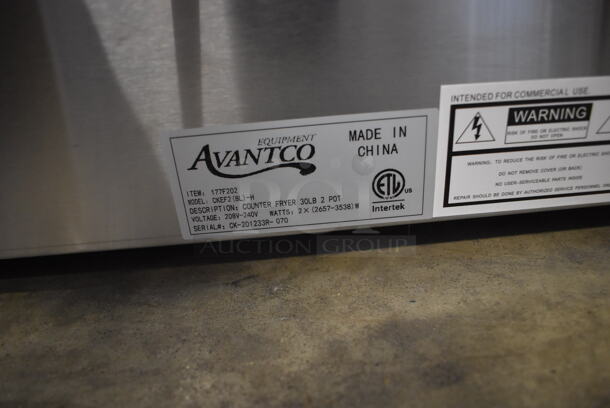 BRAND NEW IN BOX! Avantco 177F202 Stainless Steel Commercial Countertop Electric Powered 30 lb. Dual Tank Medium-Duty Fryer w/ 2 Metal Fry Baskets and 2 Lids. 208/240 Volts. 23x23x17. Tested and Working! - Image 6 of 7
