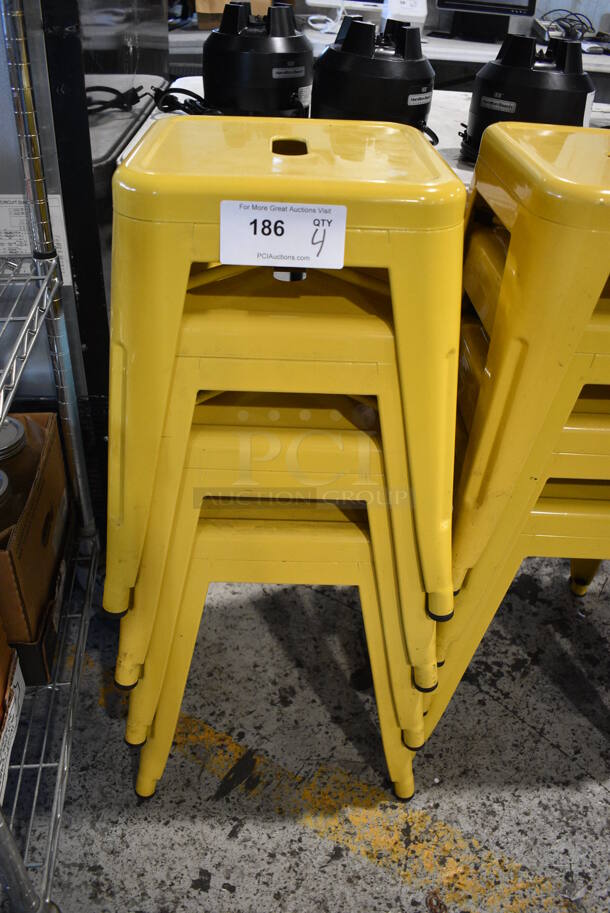 4 Yellow Metal Tolix Style Stools. 15x15x18. 4 Times Your Bid!