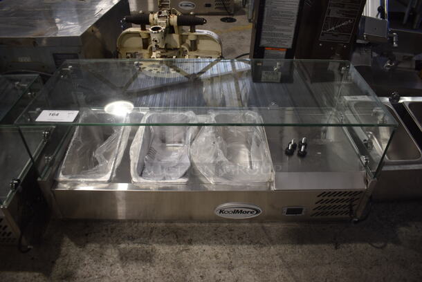 BRAND NEW SCRATCH AND DENT! 2023 KoolMore SCDC-3P-SSL Stainless Steel Commercial Countertop Refrigerated Rail w/ 3 Drop In Bins and Glass Sneeze Guard. 115 Volts, 1 Phase. Tested and Working!