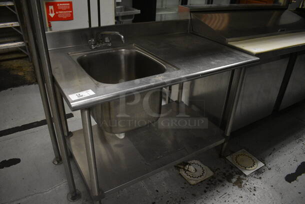 Stainless Steel Single Bay Sink w/ Faucet, Handles, Back Splash and Under Shelf. 48x30x39. BUYER MUST REMOVE. (kitchen)