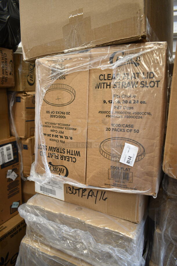 PALLET LOT of 25 BRAND NEW Boxes Including 130HCUTFWR Visions Individually Wrapped White Heavy Weight Plastic Fork - 1000/Case, 394365XL Noble X Large Gloves, Choice 3000 Ft Cling Film, 4 Box Lavex Guest Towels, 129MCR32B Choice 32 oz. Black Round Microwavable Heavy Weight Container with Lid 7 1/4" - 150/Case, 395TO901 Choice Eco Take Out Boxes, 2 Box 500LFLAT Choice Clear Flat Lid with Straw Slot - 9, 12, 16, 20, and 24 oz. - 1000/Case, 130TRAY16 Visions Black PET Plastic 16" Thermoform Catering / Deli Tray - 25/Case, 760IC06W Choice 6 oz. White Paper Frozen Yogurt / Food Cup - 1000/Case. 25 Times Your Bid! - Image 11 of 12